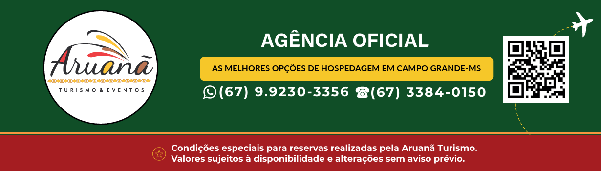 Aruanã Turismo & Eventos — Agência Oficial. As melhores opções de hospedagem em Campo Grande-MS. WhatsApp (67) 99230-3356, telefone (67) 3384-0150. Condições especiais para reservas realizadas pela Aruanã Turismo; valores sujeitos à disponibilidade e alterações sem aviso prévio.